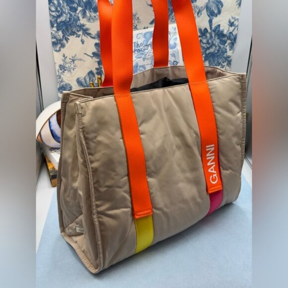 🆕 GANNI 🧿 NWT Medium Recycled Tech Tote, Tan & Orange - Picture 2 of 11